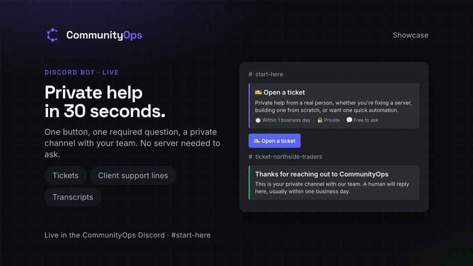 CommunityOps ticket panel and a private channel in our own Discord