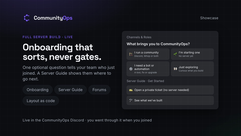 CommunityOps Discord onboarding: one optional question and a Server Guide